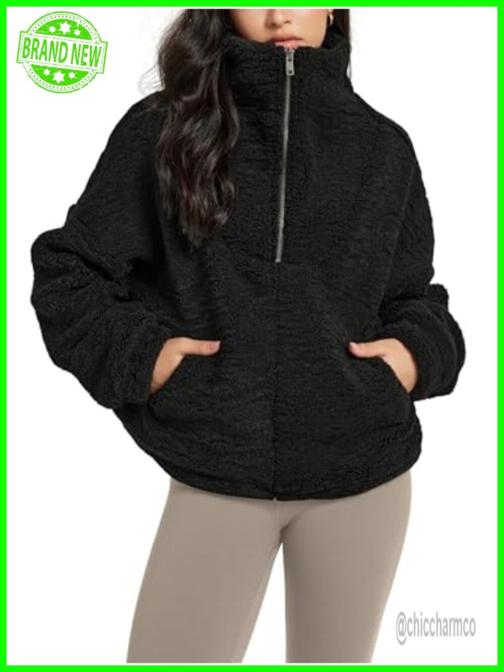 Sherpa Fleece Half-Zip Pullover Sweatshirt Cinchable Hem Pockets
